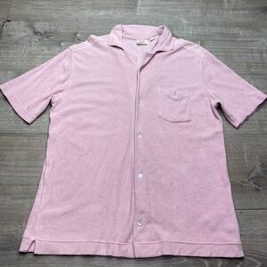 Hartford Shirt Mens Large Pink Terry Cloth Short Sleeve Camp Collar Button Down